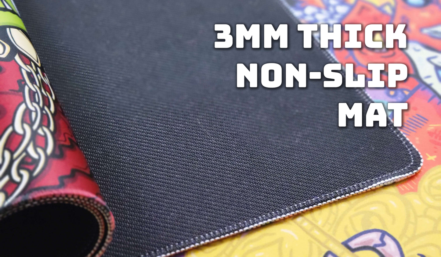 Close-up of a 3mm thick non-slip MTG playmat, showing textured rubber backing and stitched edges over a colorful hand-drawn design. MTG artist playmats