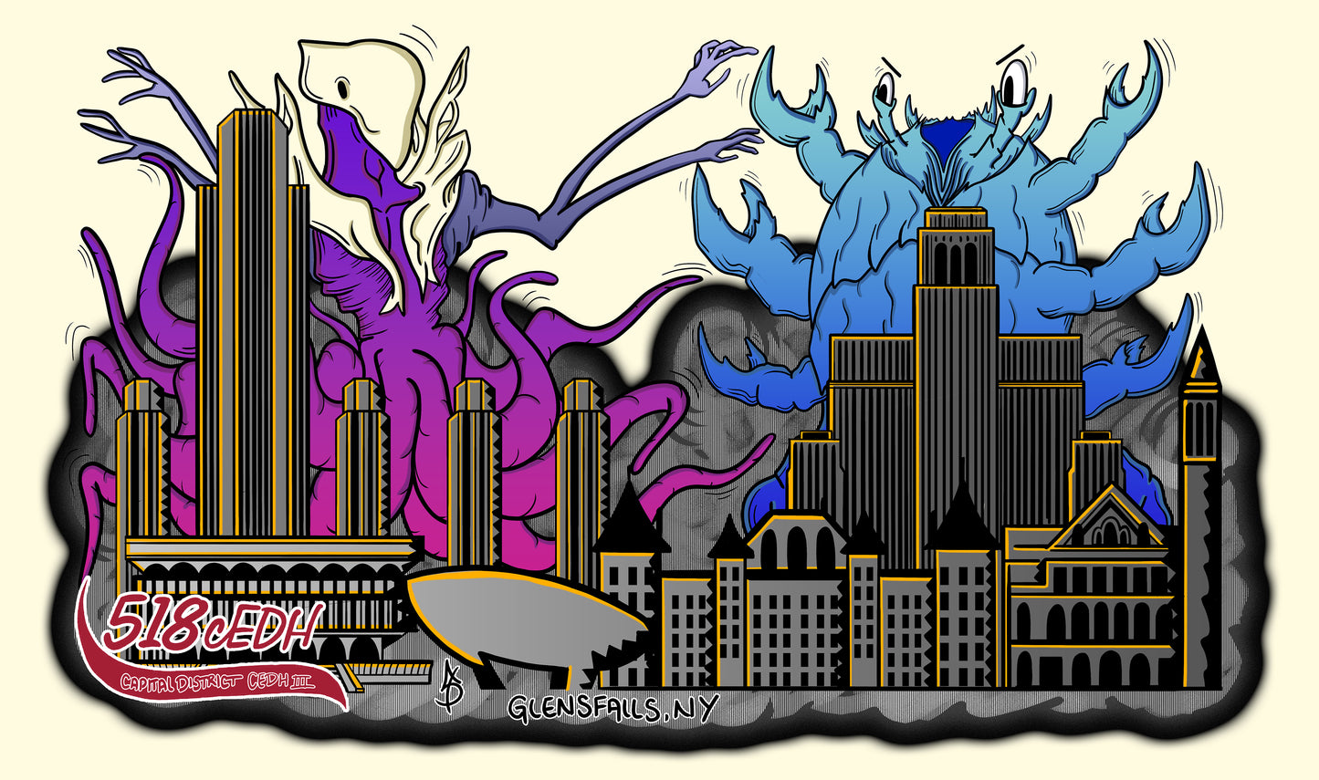 Hand-drawn 518 cEDH III playmat featuring purple and blue eldritch creatures towering over stylized Albany and Glens Falls, NY skyline. Bold MTG artist playmat for competitive EDH players. Features event branding and iconic Capital District buildings