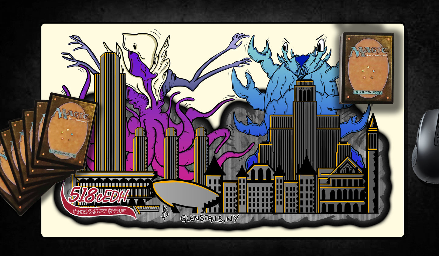 Hand-drawn 518 cEDH III playmat featuring purple and blue eldritch creatures towering over stylized Albany and Glens Falls, NY skyline. Bold MTG artist playmat for competitive EDH players. Features event branding and iconic Capital District buildings