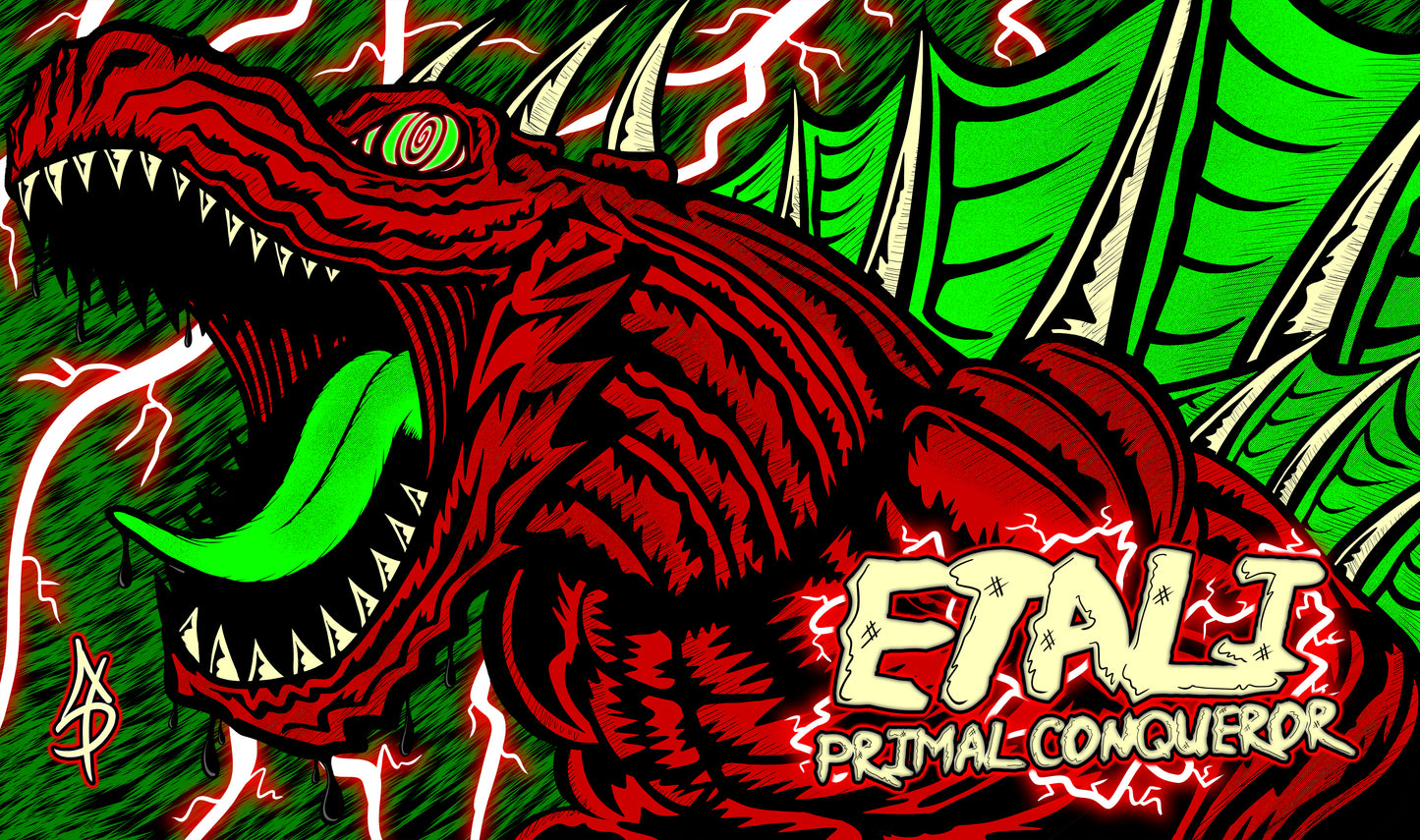 Hand-drawn playmat featuring Etali, Primal Conqueror—a massive red dinosaur with glowing green tongue and wings, surrounded by lightning and chaos. High-contrast comic style with intense energy and bold colors. A savage MTG artist playmat built for mono-red stompy decks.
