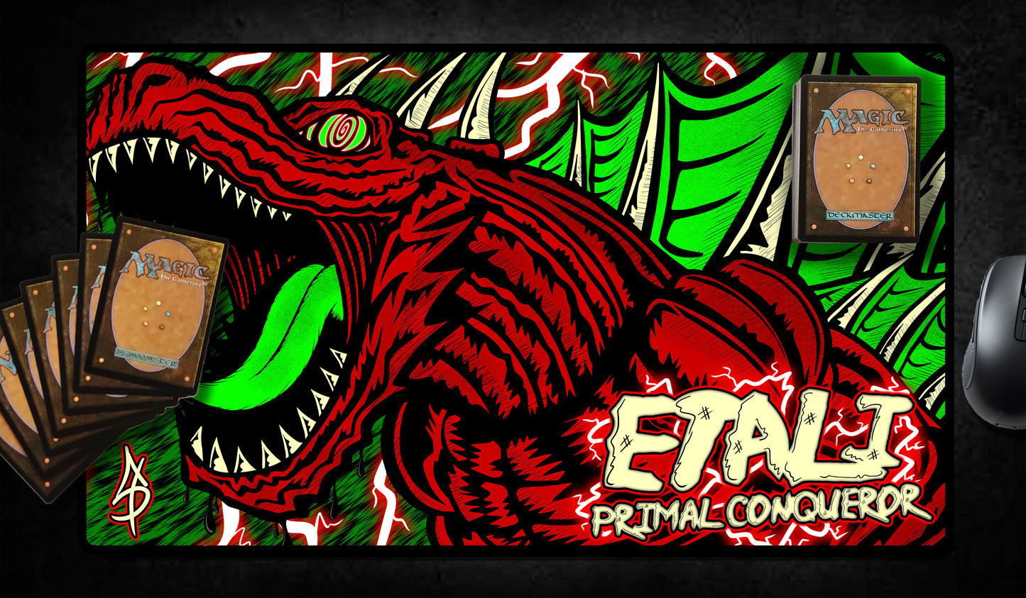 Hand-drawn playmat featuring Etali, Primal Conqueror—a massive red dinosaur with glowing green tongue and wings, surrounded by lightning and chaos. High-contrast comic style with intense energy and bold colors. A savage MTG artist playmat built for mono-red stompy decks.