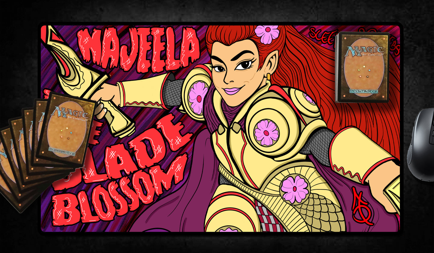 Hand-drawn playmat featuring Najeela, the Blade-Blossom in bright gold armor with pink flower motifs and flowing red hair. Stylized comic art with bold text and deep purple-red background. A vibrant MTG artist playmat for aggressive warrior-focused decks