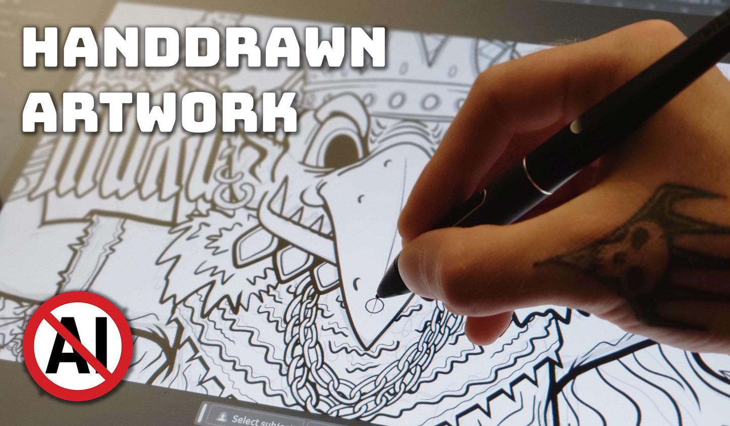 Digital drawing in progress on a tablet, showing a hand sketching a detailed character design with a stylus. 'Handdrawn Artwork' text and a 'No AI' symbol emphasize that the artwork is 100% artist-created. MTG artist playmats