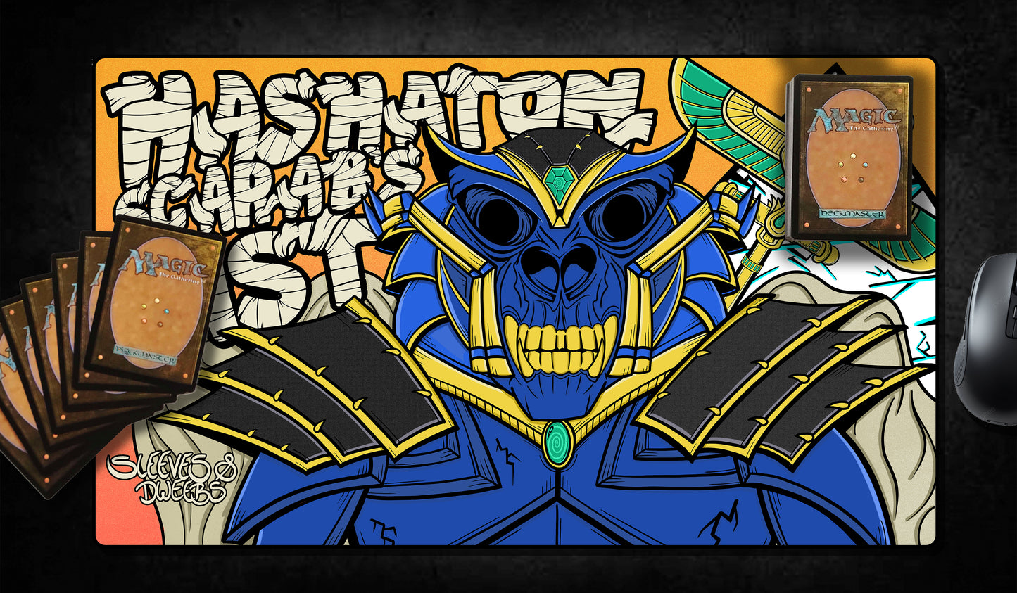 Hand-drawn playmat featuring Hashaton, Scarab’s Fist—a blue, skeletal warrior with gold-trimmed armor and an ornate beetle mask. Bold Egyptian-inspired design with hieroglyphic motifs, glowing turquoise gem, and vibrant orange background. Striking MTG artist playmat for fans of undead and ancient power. mtg artist playmats