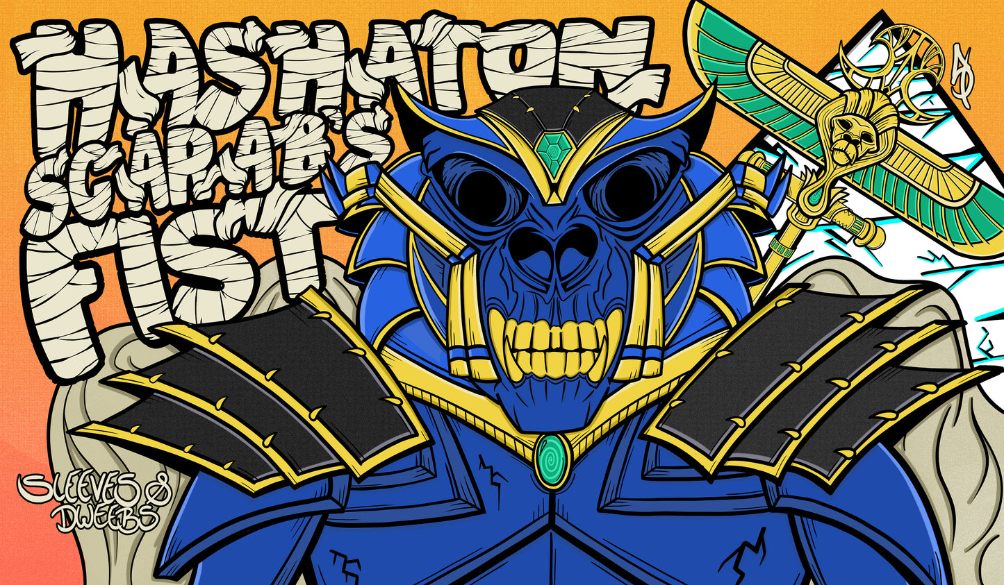 Hand-drawn playmat featuring Hashaton, Scarab’s Fist—a blue, skeletal warrior with gold-trimmed armor and an ornate beetle mask. Bold Egyptian-inspired design with hieroglyphic motifs, glowing turquoise gem, and vibrant orange background. Striking MTG artist playmat for fans of undead and ancient power. mtg artist playmats