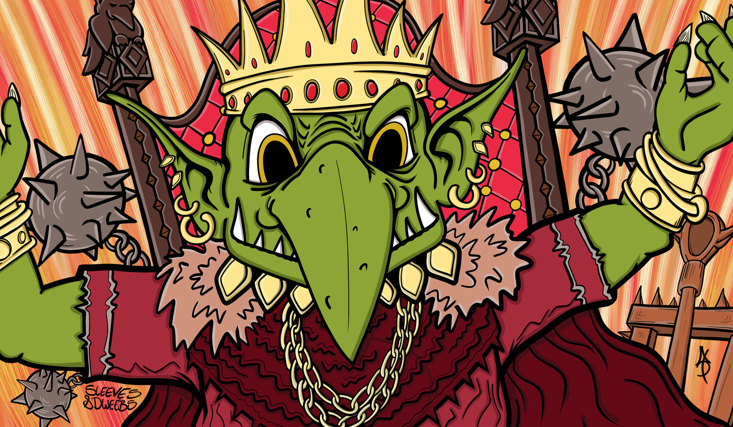 Hand-drawn playmat featuring a goblin king in royal red robes and a gold crown, brandishing twin spiked maces with a fiery background. Bold, cartoon-style art with vivid colors and intricate detail. Designed for Magic: The Gathering fans. MTG artist playmats