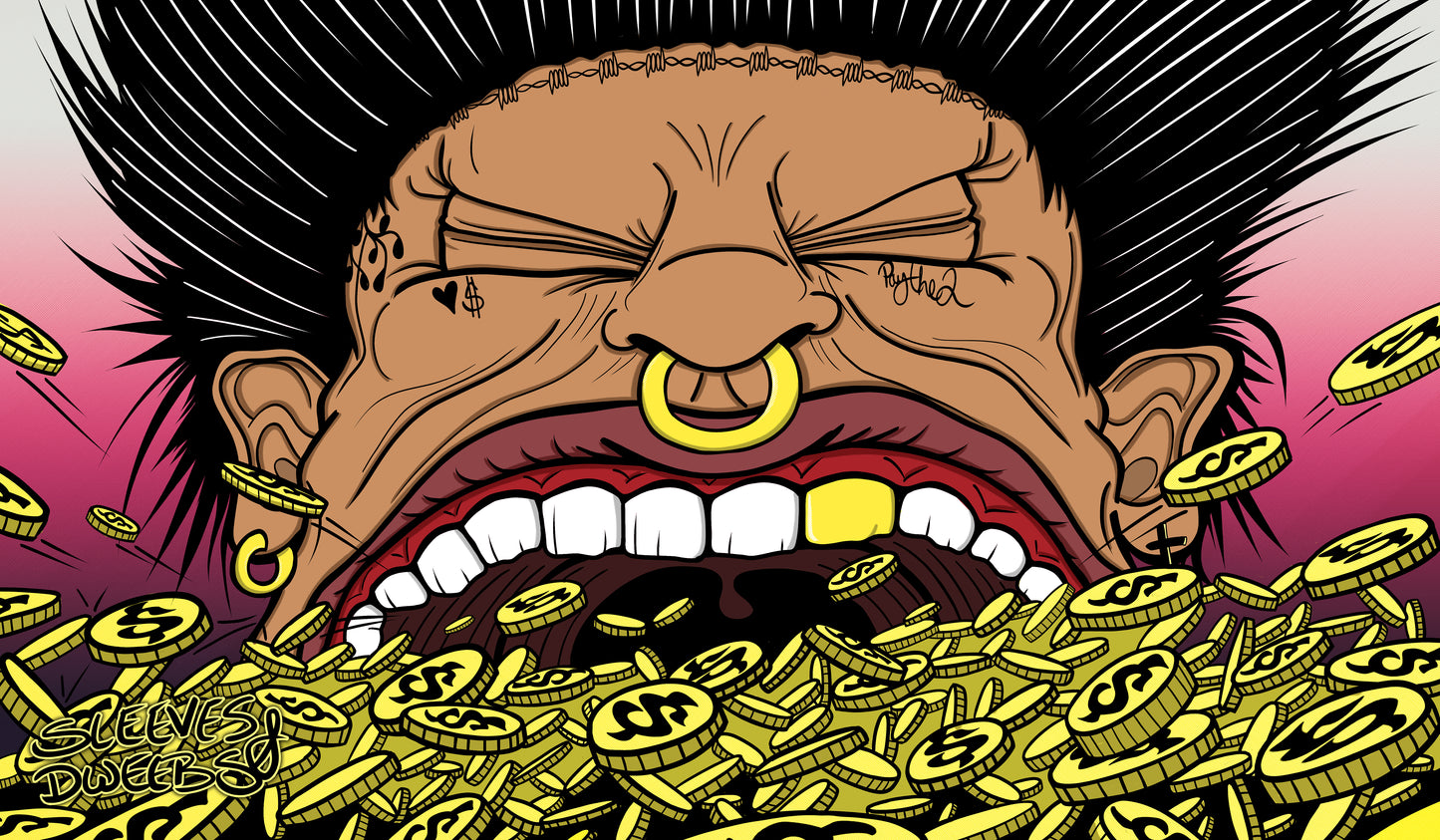 Stylized illustration of a punk-inspired character with piercings and spiked hair, greedily devouring a pile of gold coins marked with dollar signs. The image features bold lines, vibrant colors, and the ‘Sleeves & Dweebs’ logo in the corner—used as a custom Smothering Tithe playmat design. MTG artist playmats
