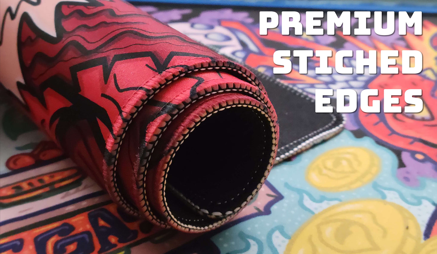 Close-up of a rolled MTG playmat featuring a hand-drawn design and premium stitched edges, highlighting the 3mm thick non-slip backing. MTG artist playmats