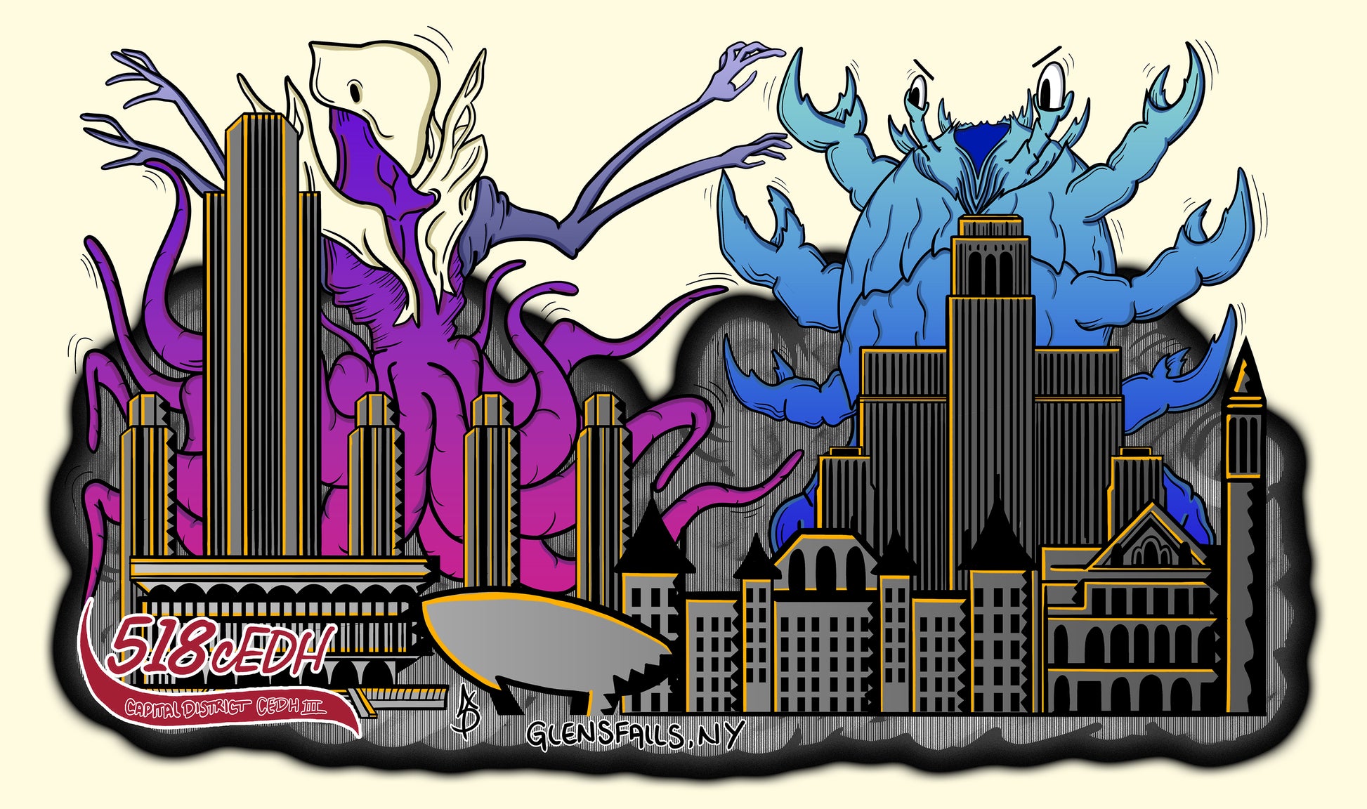 Hand-drawn 518 cEDH III playmat featuring purple and blue eldritch creatures towering over stylized Albany and Glens Falls, NY skyline. Bold MTG artist playmat for competitive EDH players. Features event branding and iconic Capital District buildings