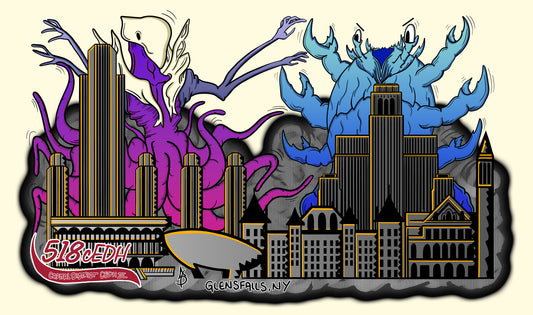 Hand-drawn 518 cEDH III playmat featuring purple and blue eldritch creatures towering over stylized Albany and Glens Falls, NY skyline. Bold MTG artist playmat for competitive EDH players. Features event branding and iconic Capital District buildings