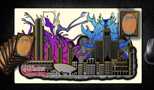 Hand-drawn 518 cEDH III playmat featuring purple and blue eldritch creatures towering over stylized Albany and Glens Falls, NY skyline. Bold MTG artist playmat for competitive EDH players. Features event branding and iconic Capital District buildings