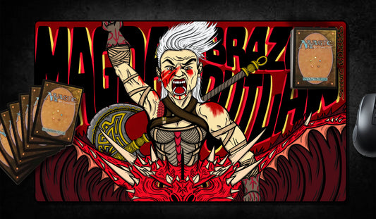 Hand-drawn playmat featuring Magda, Brazen Outlaw—fierce dwarf warrior with white hair, blood-red war paint, and a battle cry atop a roaring red dragon. Intense red and black background with bold lettering. A powerful MTG artist playmat made for fearless players. MTG Artist Playmats