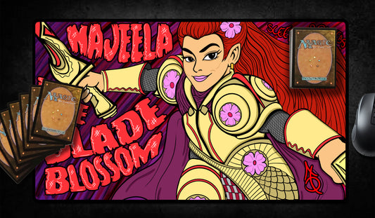 Hand-drawn playmat featuring Najeela, the Blade-Blossom in bright gold armor with pink flower motifs and flowing red hair. Stylized comic art with bold text and deep purple-red background. A vibrant MTG artist playmat for aggressive warrior-focused decks