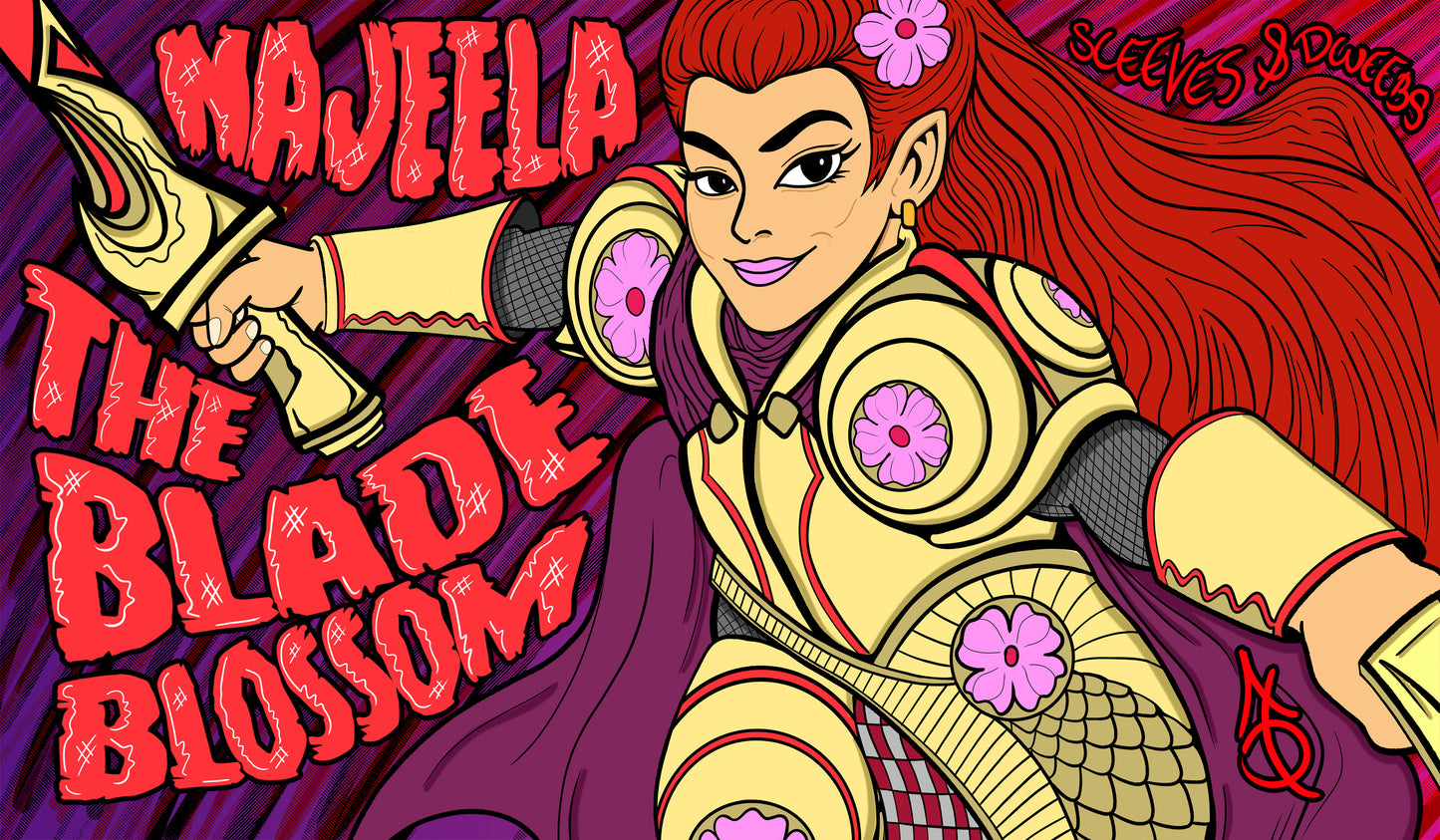 Hand-drawn playmat featuring Najeela, the Blade-Blossom in bright gold armor with pink flower motifs and flowing red hair. Stylized comic art with bold text and deep purple-red background. A vibrant MTG artist playmat for aggressive warrior-focused decks