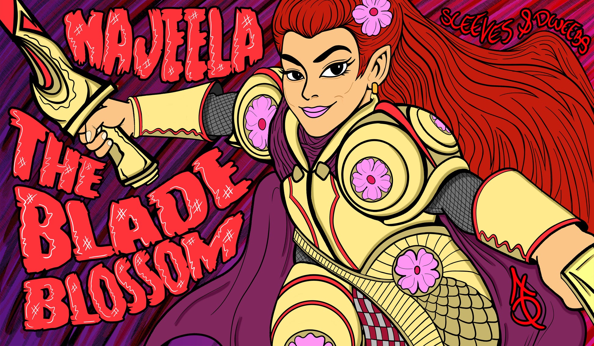 Hand-drawn playmat featuring Najeela, the Blade-Blossom in bright gold armor with pink flower motifs and flowing red hair. Stylized comic art with bold text and deep purple-red background. A vibrant MTG artist playmat for aggressive warrior-focused decks