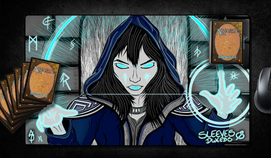 Hand-drawn playmat inspired by Rhystic Study, featuring a hooded spellcaster with glowing blue eyes casting runic magic. Surrounded by arcane symbols and radiant energy rings against a shadowy stone wall. A mystic MTG artist playmat for control players and spell slingers. MTG Artist Playmats