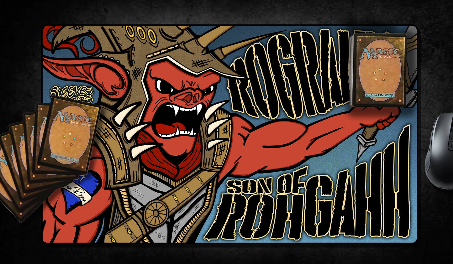 Hand-drawn playmat featuring Rograkh, Son of Rohgahh—a fierce red kobold warrior wielding an axe, clad in spiked armor and battle gear. Bold comic-style art with black and gold text on a blue background. A dynamic MTG artist playmat for aggro and chaos-loving players. MTG Artist Playmat