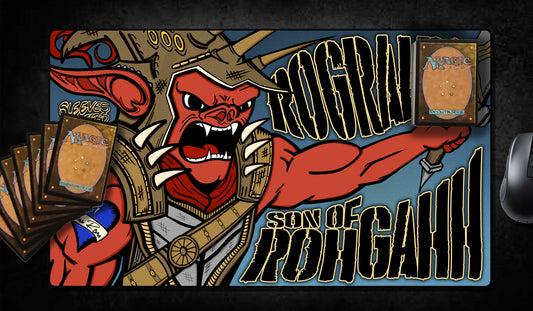 Hand-drawn playmat featuring Rograkh, Son of Rohgahh—a fierce red kobold warrior wielding an axe, clad in spiked armor and battle gear. Bold comic-style art with black and gold text on a blue background. A dynamic MTG artist playmat for aggro and chaos-loving players. MTG Artist Playmat