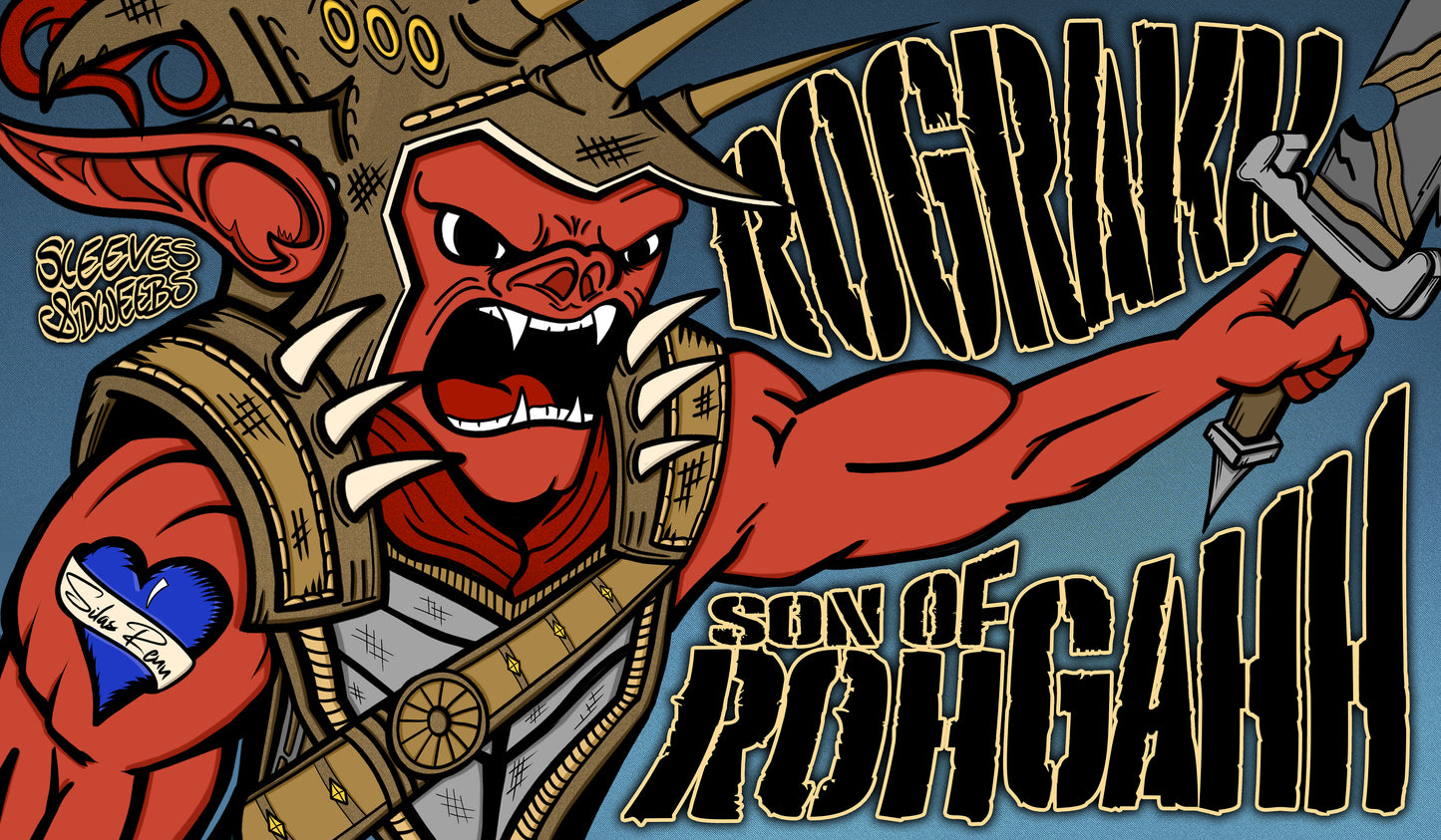 Hand-drawn playmat featuring Rograkh, Son of Rohgahh—a fierce red kobold warrior wielding an axe, clad in spiked armor and battle gear. Bold comic-style art with black and gold text on a blue background. A dynamic MTG artist playmat for aggro and chaos-loving players. MTG Artist Playmat