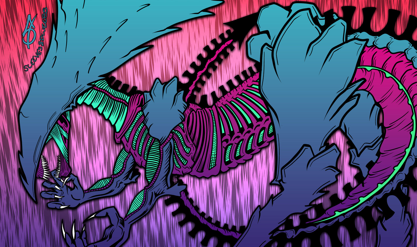 Hand-drawn playmat featuring a neon-accented Sliver Queen with exposed skeletal design, claws, and segmented tail. Vibrant gradient background in blue, pink, and purple hues. A striking MTG artist playmat for tribal Sliver fans and Magic: The Gathering collectors.