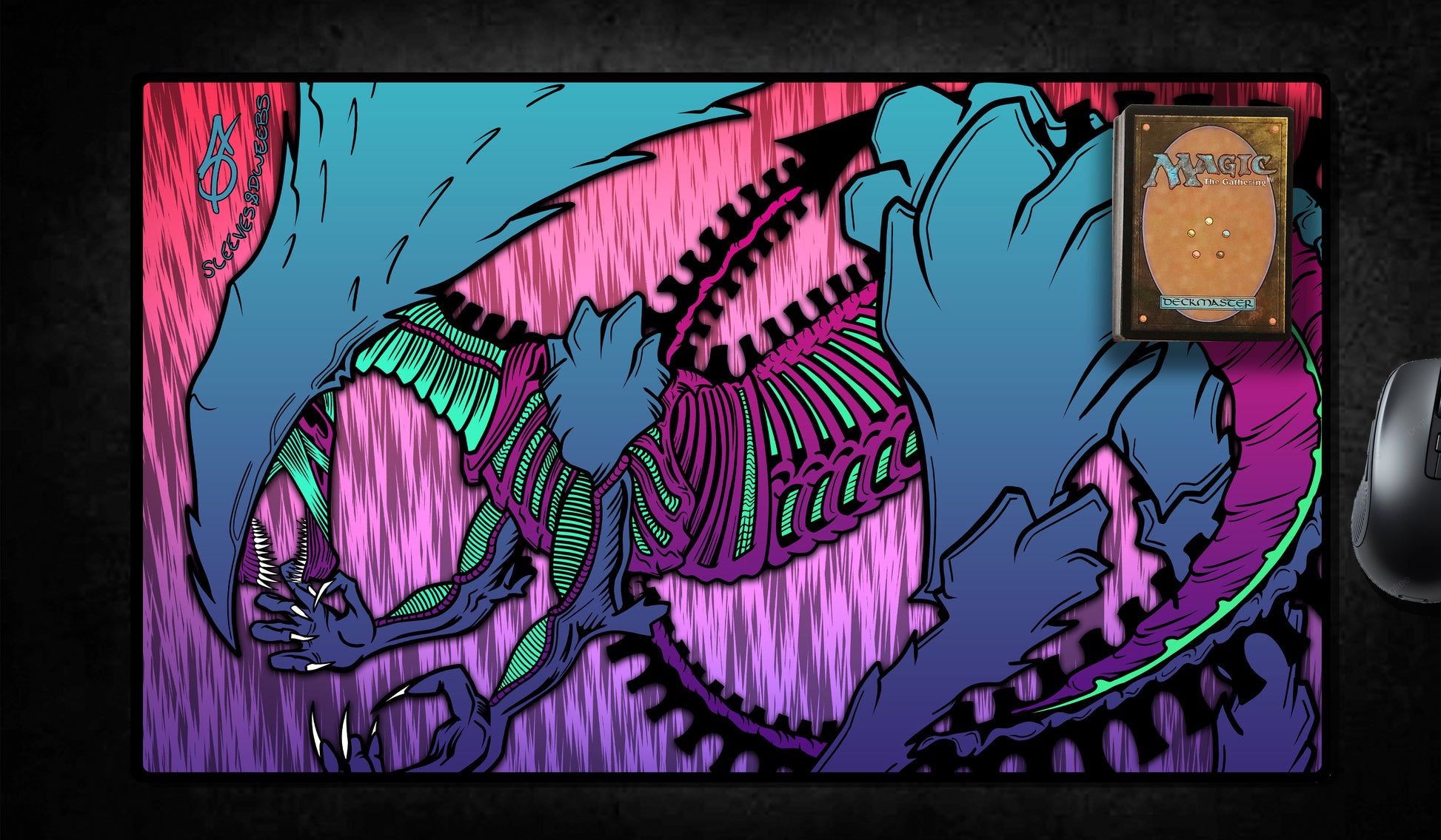 Hand-drawn playmat featuring a neon-accented Sliver Queen with exposed skeletal design, claws, and segmented tail. Vibrant gradient background in blue, pink, and purple hues. A striking MTG artist playmat for tribal Sliver fans and Magic: The Gathering collectors.