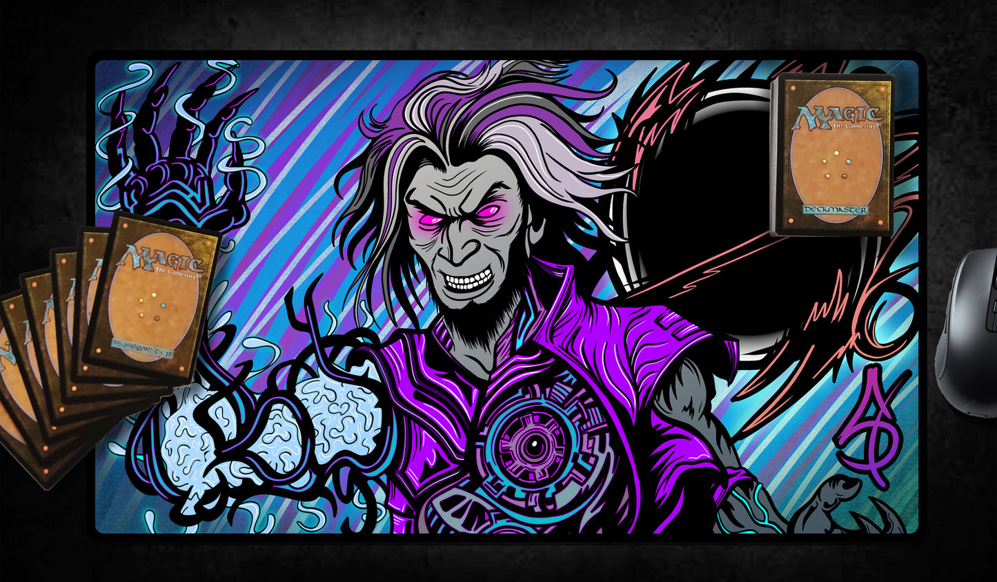 Hand-drawn playmat featuring Tezzeret with glowing pink eyes, biomechanical arm, and swirling void magic. Stylized in bold purples, blues, and blacks with arcane circuitry and a chaotic energy burst. A powerful MTG artist playmat for artifact-focused or control deck players