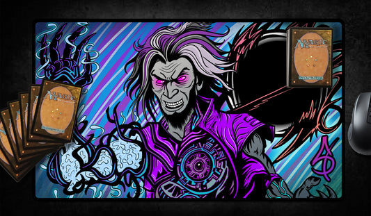 Hand-drawn playmat featuring Tezzeret with glowing pink eyes, biomechanical arm, and swirling void magic. Stylized in bold purples, blues, and blacks with arcane circuitry and a chaotic energy burst. A powerful MTG artist playmat for artifact-focused or control deck players