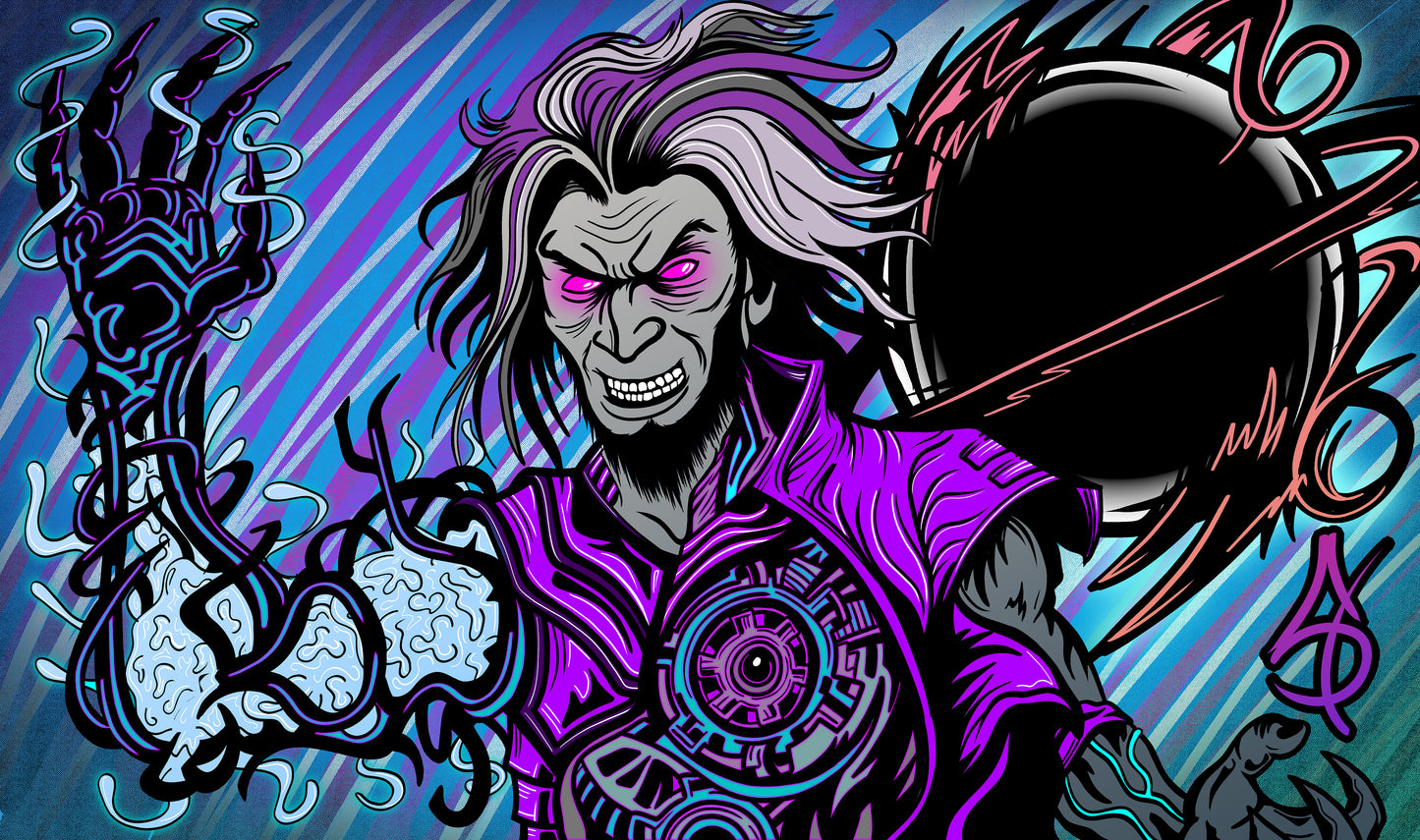 Hand-drawn playmat featuring Tezzeret with glowing pink eyes, biomechanical arm, and swirling void magic. Stylized in bold purples, blues, and blacks with arcane circuitry and a chaotic energy burst. A powerful MTG artist playmat for artifact-focused or control deck players
