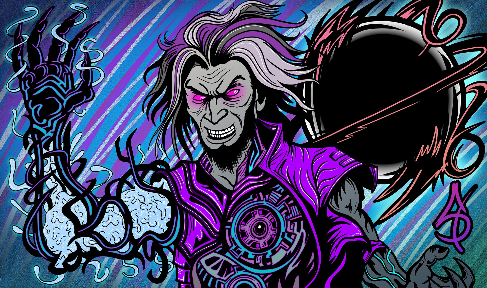 Hand-drawn playmat featuring Tezzeret with glowing pink eyes, biomechanical arm, and swirling void magic. Stylized in bold purples, blues, and blacks with arcane circuitry and a chaotic energy burst. A powerful MTG artist playmat for artifact-focused or control deck players
