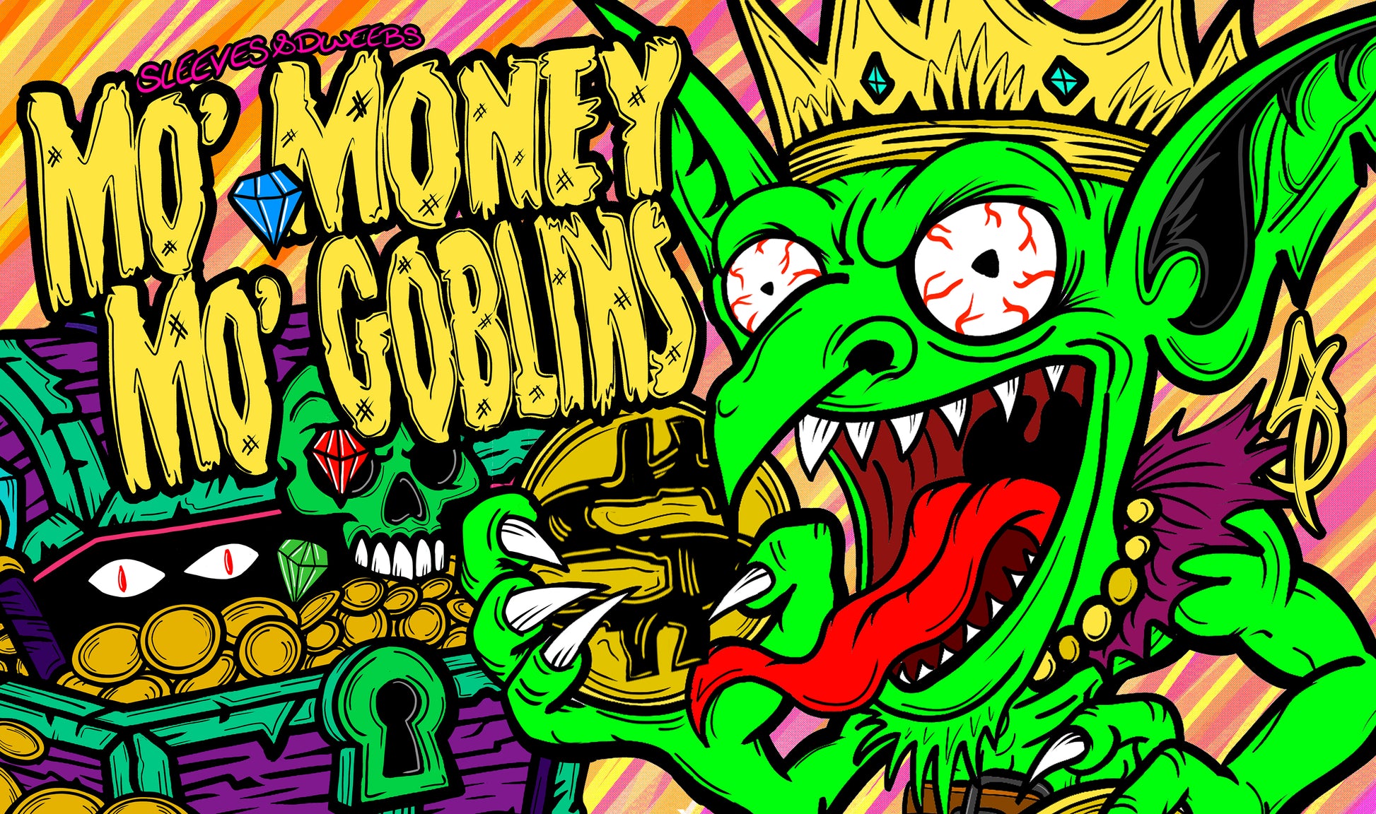 Hand-drawn playmat featuring a manic green goblin king clutching a gold coin with a treasure chest and jewels in the background. Bold comic-style lettering reads 'Mo’ Money, Mo’ Goblins' across a chaotic, colorful backdrop. A wild MTG artist playmat perfect for treasure-themed or goblin-heavy decks.
