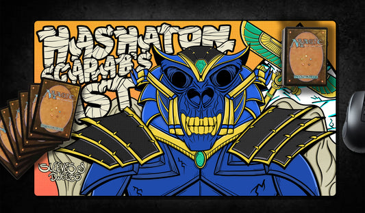 Hand-drawn playmat featuring Hashaton, Scarab’s Fist—a blue, skeletal warrior with gold-trimmed armor and an ornate beetle mask. Bold Egyptian-inspired design with hieroglyphic motifs, glowing turquoise gem, and vibrant orange background. Striking MTG artist playmat for fans of undead and ancient power. mtg artist playmats