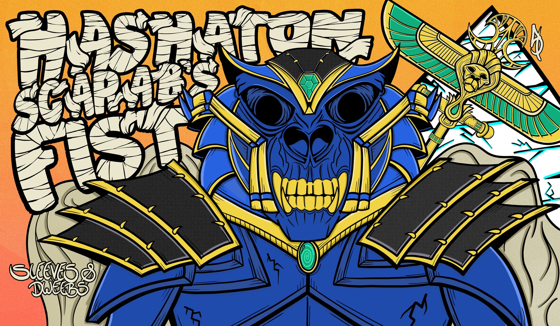 Hand-drawn playmat featuring Hashaton, Scarab’s Fist—a blue, skeletal warrior with gold-trimmed armor and an ornate beetle mask. Bold Egyptian-inspired design with hieroglyphic motifs, glowing turquoise gem, and vibrant orange background. Striking MTG artist playmat for fans of undead and ancient power. mtg artist playmats
