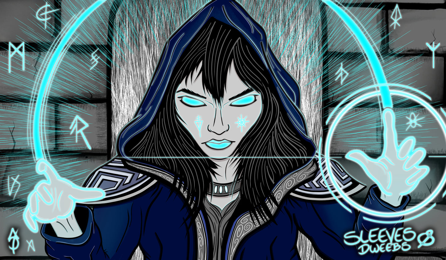 Hand-drawn playmat inspired by Rhystic Study, featuring a hooded spellcaster with glowing blue eyes casting runic magic. Surrounded by arcane symbols and radiant energy rings against a shadowy stone wall. A mystic MTG artist playmat for control players and spell slingers. MTG Artist Playmats