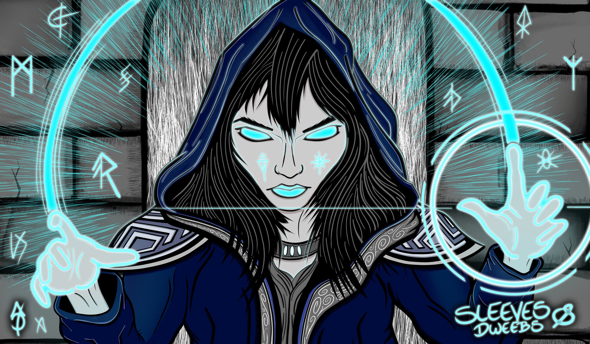Hand-drawn playmat inspired by Rhystic Study, featuring a hooded spellcaster with glowing blue eyes casting runic magic. Surrounded by arcane symbols and radiant energy rings against a shadowy stone wall. A mystic MTG artist playmat for control players and spell slingers. MTG Artist Playmats