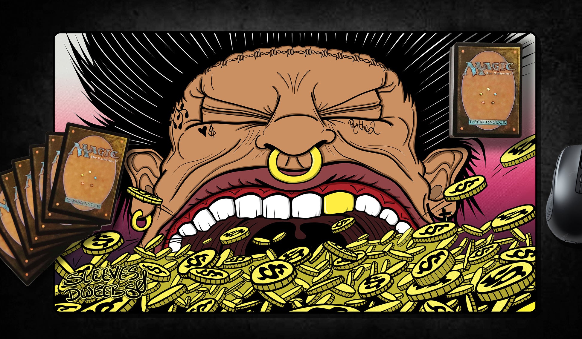 Stylized illustration of a punk-inspired character with piercings and spiked hair, greedily devouring a pile of gold coins marked with dollar signs. The image features bold lines, vibrant colors, and the ‘Sleeves & Dweebs’ logo in the corner—used as a custom Smothering Tithe playmat design. MTG artist playmats