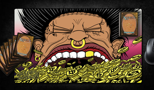 Stylized illustration of a punk-inspired character with piercings and spiked hair, greedily devouring a pile of gold coins marked with dollar signs. The image features bold lines, vibrant colors, and the ‘Sleeves & Dweebs’ logo in the corner—used as a custom Smothering Tithe playmat design. MTG artist playmats
